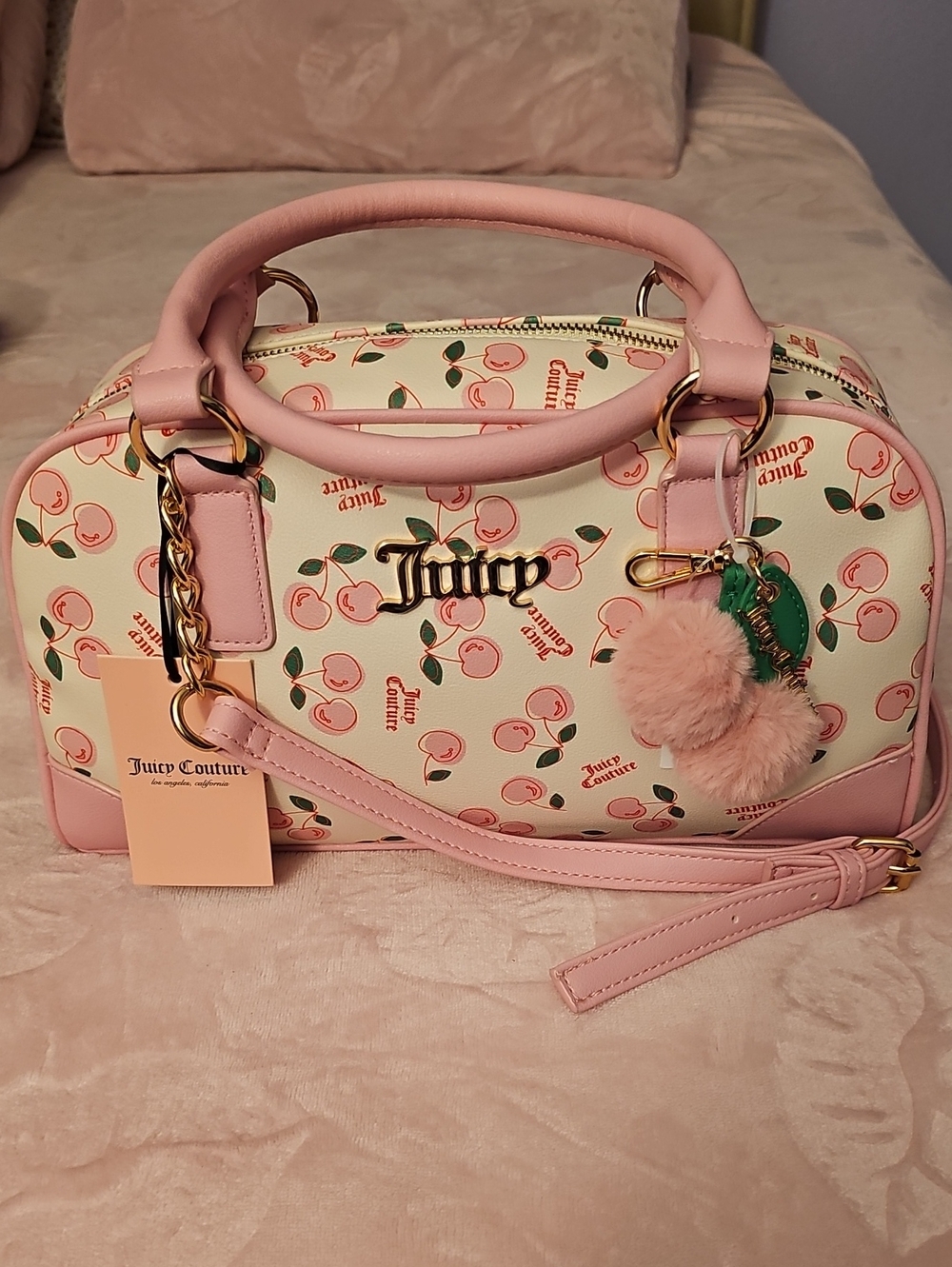 Juicy Couture Pink Cherry Print Purse with Pom-Pom Charm